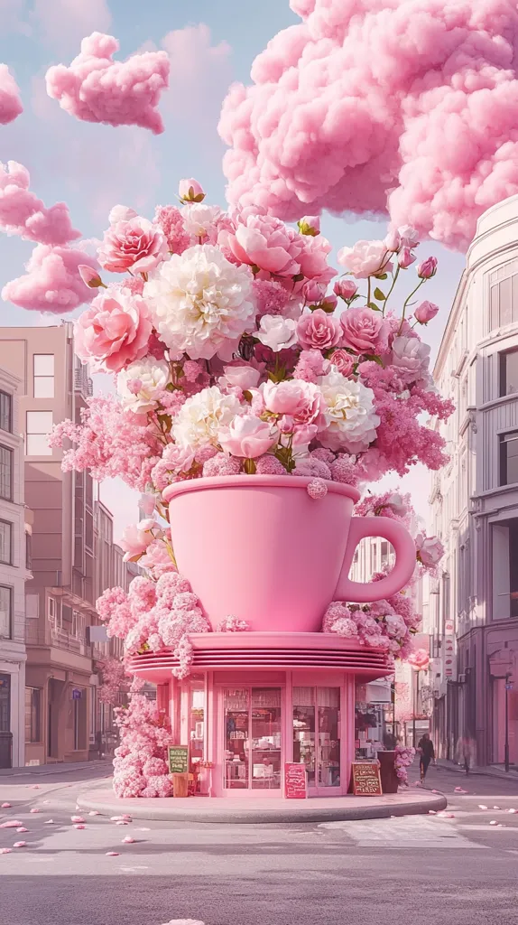 A whimsical digital illustration depicts a giant pink teacup overflowing with a profusion of pink and white flowers.  The teacup forms the roof of a tiny pink shop nestled on a city street, surrounded by more pink flowers and fluffy, cotton-candy-like clouds.  The scene is overwhelmingly pink, creating a dreamy, fairytale-like atmosphere.  The contrast between the fantastical teacup-shop and the mundane city buildings adds to the surreal quality of the image.