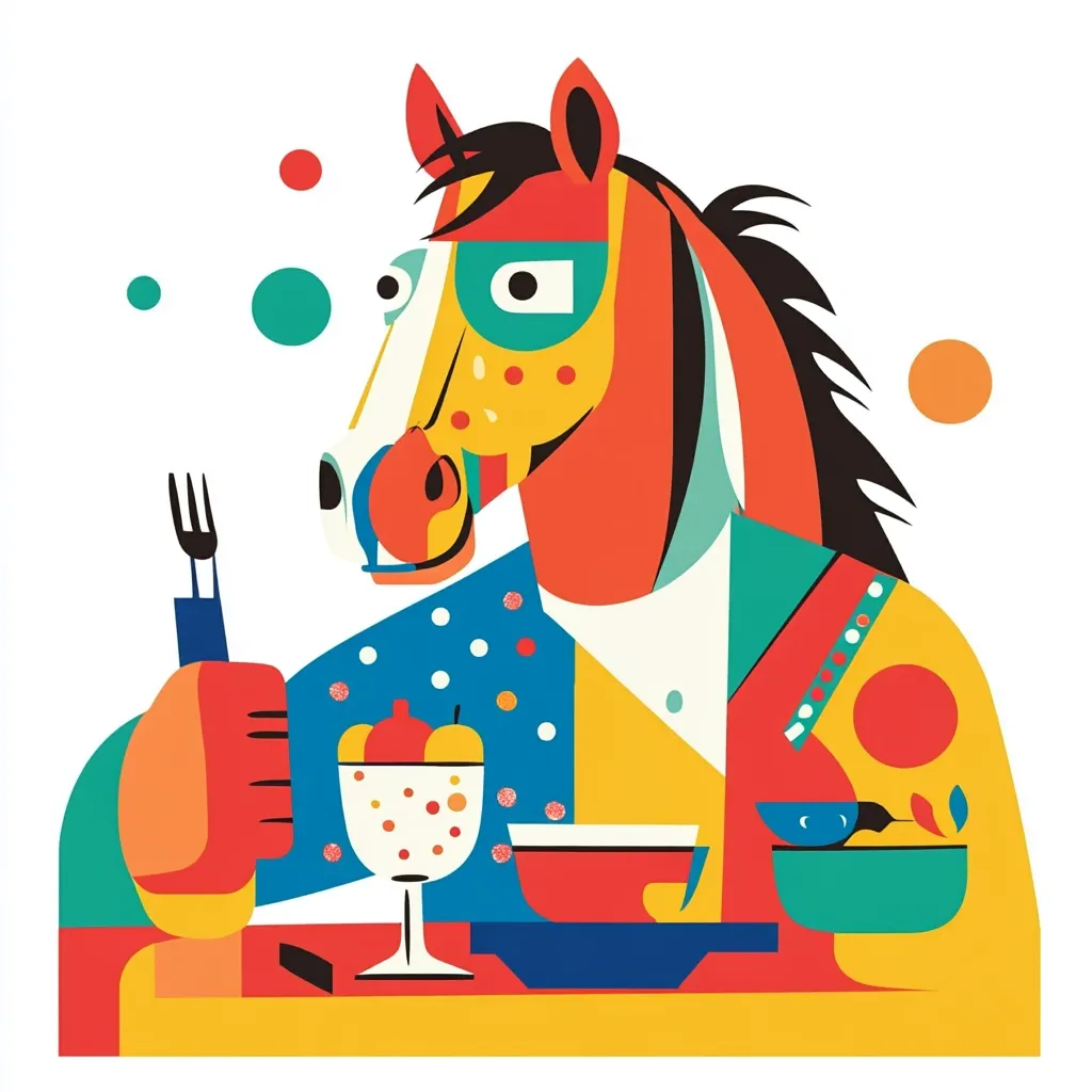 A vibrant, cubist-style illustration depicts a horse seated at a table, enjoying a meal.  The horse is rendered in bold, geometric shapes of red, orange, yellow, and blue, its face expressive and slightly whimsical. It holds a fork, poised above a dessert in a glass.  A small bowl of what appears to be fruit salad and a cup sit on the table, all rendered in a similarly bold and colorful style against a white background punctuated with floating circles. The overall effect is playful and modern.