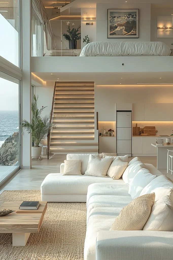 Here's a description of the image:

The image showcases a modern, minimalist apartment with an open floor plan.  Large windows offer breathtaking ocean views. A light-colored, L-shaped sectional sofa dominates the main living area, which features a neutral color palette and natural textures.  A wooden staircase leads to a loft-style bedroom visible above, with a bed and artwork.  A sleek, modern kitchen is partially visible, and a low wooden coffee table sits on a jute rug, completing the serene, coastal aesthetic.  The overall feeling is one of spacious calm and sophisticated simplicity.