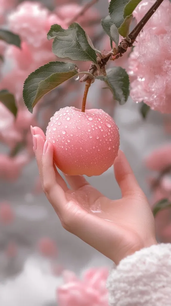 A delicate hand gently cradles a pink apple, glistening with raindrops.  The apple hangs from a branch adorned with lush green leaves, nestled amongst a soft-focus backdrop of blossoming pink flowers. The overall aesthetic is serene and subtly romantic, with a palette dominated by pastel pinks and greens.  Water droplets cling to both the apple and the surrounding blooms, enhancing the fresh, dewy atmosphere.