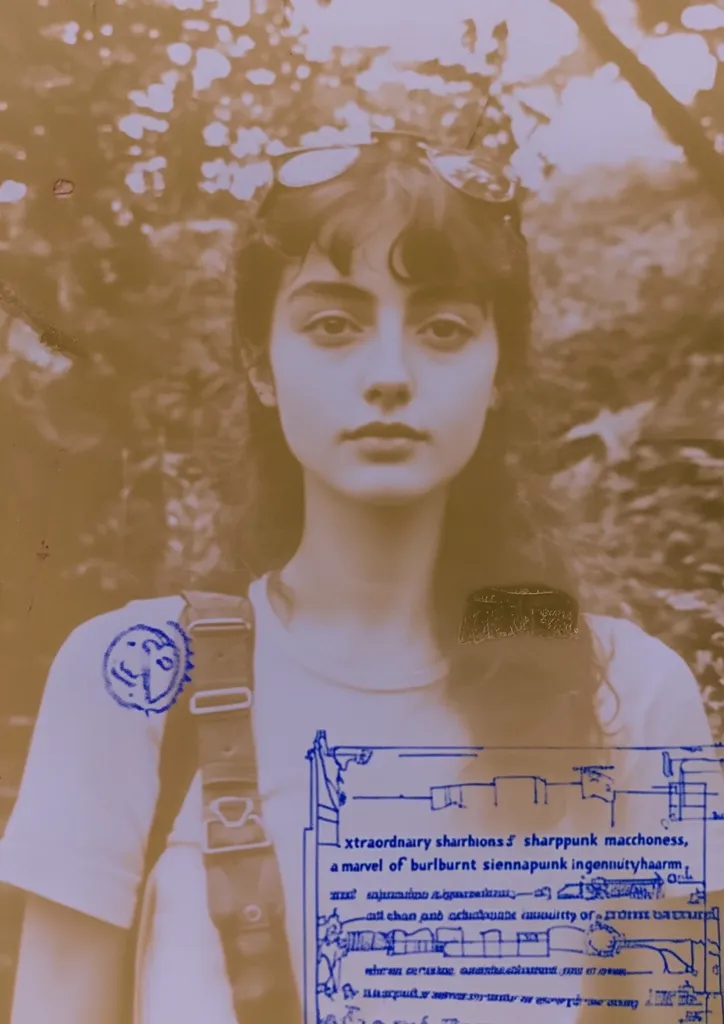 Here's a description of the image:

The sepia-toned photograph depicts a young woman with dark hair, cut in a blunt fringe, looking directly at the camera. She has a calm expression, and her features are soft. She's wearing a light-colored, short-sleeved top and a dark shoulder strap across her chest.  Her sunglasses rest atop her head.  The background is blurred, suggesting an outdoor setting with foliage.  A blue stamp, resembling a sun face, is visible on her shoulder, and superimposed text and what appears to be a blueprint are partially obscuring the lower portion of the photo. The overall impression is of a candid, possibly nostalgic portrait.