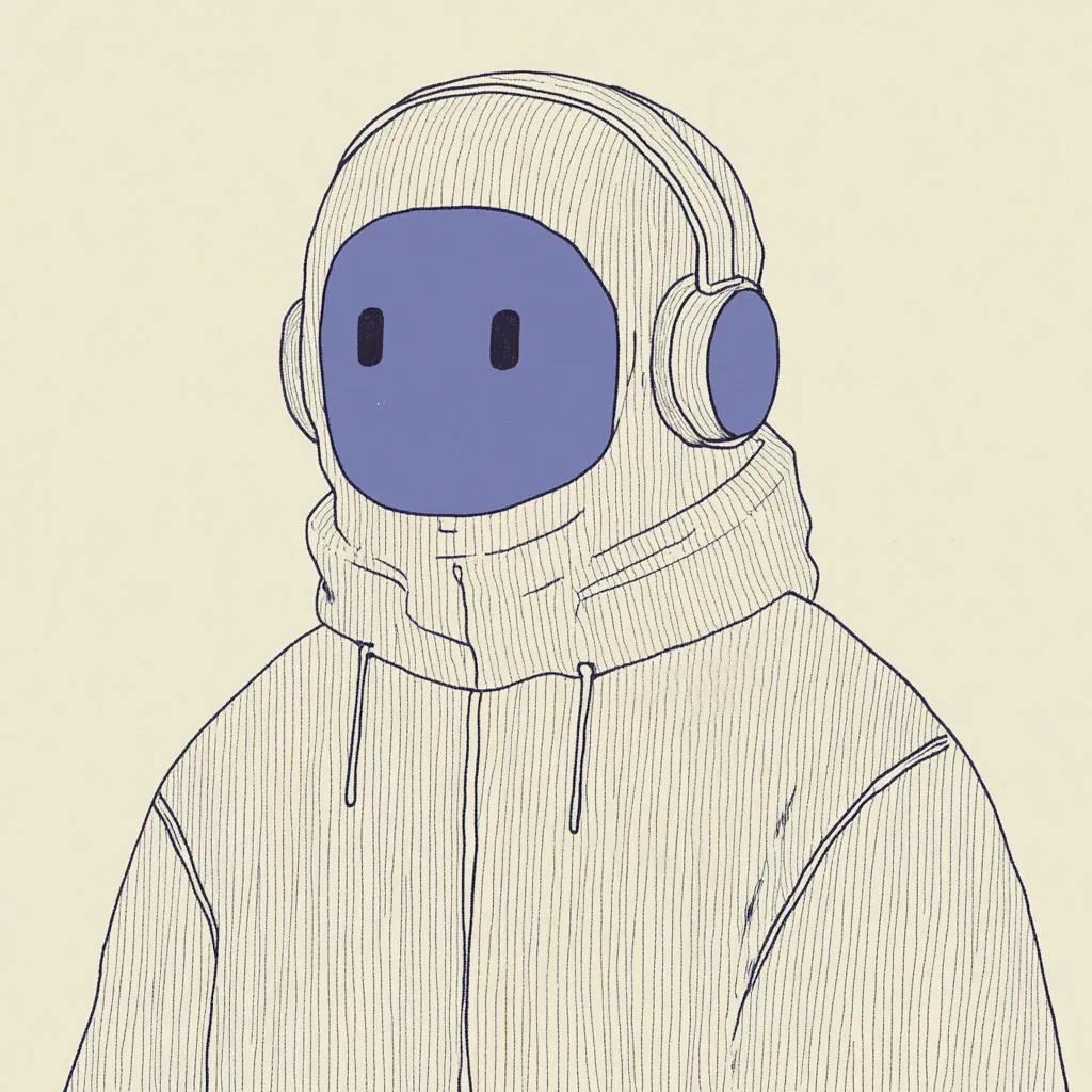 Here's a description of the image:

The illustration depicts a stylized figure, possibly a robot or avatar, wearing an oversized, light beige hooded jacket.  The hood completely covers the head except for a muted blue, oval face with simple, small eyes. Over-ear headphones are visible beneath the hood. The clothing's texture is suggested through fine, parallel lines mimicking a ribbed fabric. The overall style is minimalist and somewhat reminiscent of line art. The color palette is muted, with beige and light blue dominating. The background is a plain, light beige.
