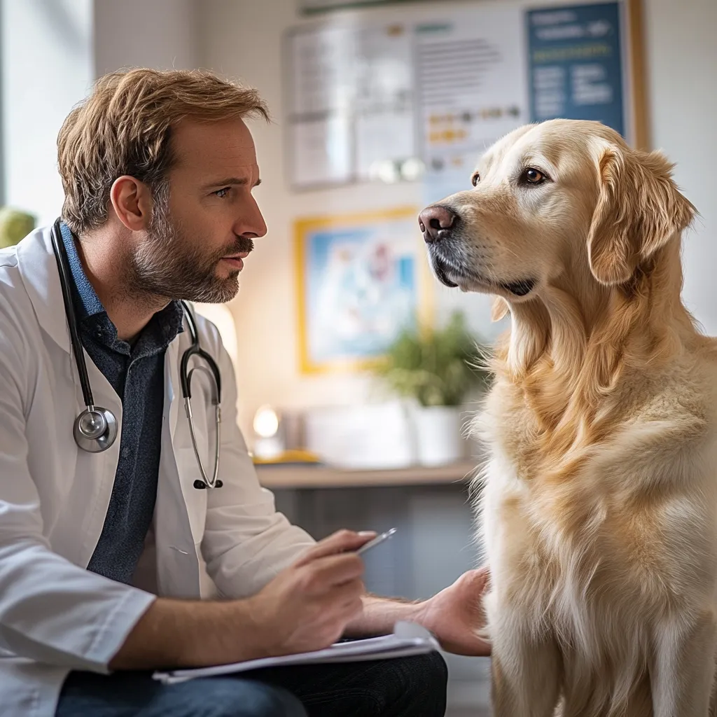 A male veterinarian in a white coat sits attentively across from a Golden Retriever.  The doctor holds a pen and appears to be examining the dog, who is calmly sitting and looking directly at him.  The setting is a veterinary clinic, with medical charts visible in the background.  The image conveys a sense of calm professionalism and the bond between animal and caregiver.