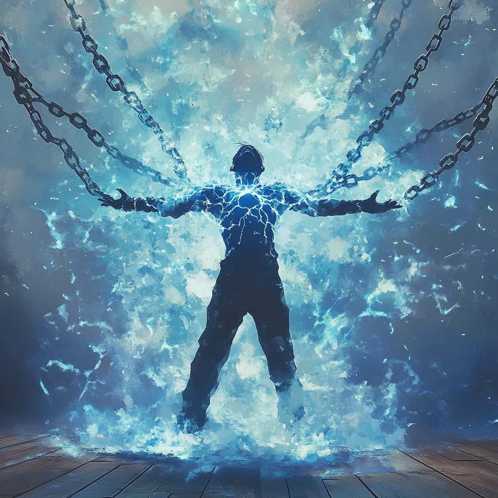 The image depicts a powerful, ethereal figure, seemingly a man, engulfed in a swirling, icy blue energy.  Multiple heavy chains extend from his body, yet he stands defiant, arms outstretched.  The energy emanates from his chest, a glowing core of power. The background is a hazy, smoke-like blue, creating a dramatic contrast with the figure's silhouette and the dark wooden floor below. The overall impression is one of immense strength and liberation from confinement.