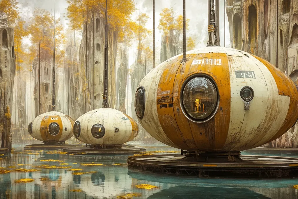 Three weathered, dome-shaped spacecraft, primarily orange and white, are moored in a tranquil, swamp-like body of water.  They appear to be suspended from tall, slender supports. The background features a misty, ethereal forest of tall, pale, textured trees with yellow foliage, creating a surreal and slightly melancholic atmosphere. The scene suggests a blend of futuristic technology and a decaying, natural environment.  The water reflects the autumnal hues and the spacecraft, creating a sense of stillness.