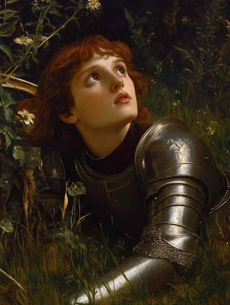 Here is a description of the image:

The painting depicts a young woman, possibly a knight, lying in a field of wildflowers. She is clad in shining, metallic armor, yet her expression is one of gentle vulnerability as she gazes upward. Her reddish-brown hair frames a face of delicate beauty.  The artist masterfully uses light and shadow to highlight the contrast between the hard metal of her armor and the soft curves of her body, suggesting a blend of strength and fragility. The surrounding greenery and soft focus create a dreamy, romantic atmosphere.
