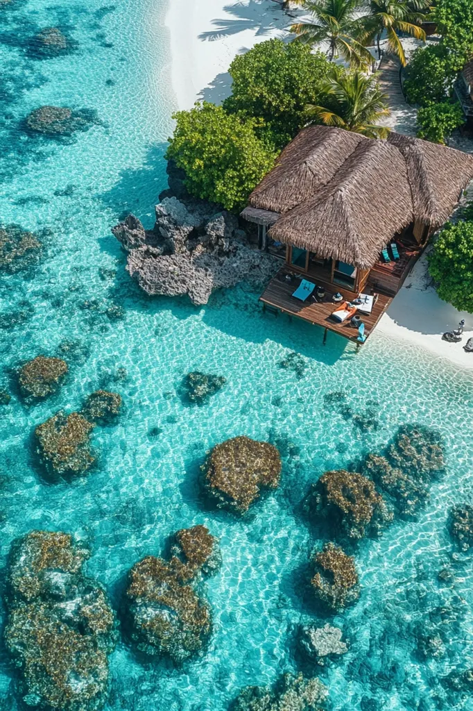 An idyllic overwater bungalow sits on a pristine beach, nestled amongst lush tropical greenery.  Crystal-clear turquoise water surrounds the structure, revealing vibrant coral and rocks below. The bungalow's thatched roof and wooden deck offer a tranquil escape, showcasing a luxurious, secluded getaway in a tropical paradise.  The shallow, clear water is perfect for swimming and snorkeling, highlighting the beauty of this tropical location.