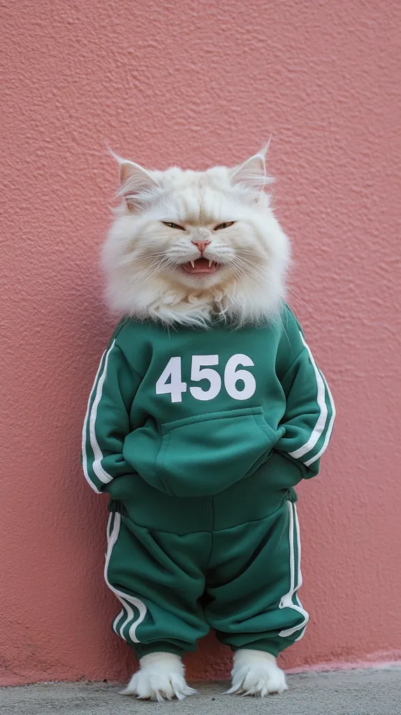 Here's a description of the image:

A fluffy white cat, seemingly a Persian or similar breed, is the focal point.  It's dressed in a miniature emerald green tracksuit featuring white side stripes and the number "456" prominently displayed on the hoodie. The cat stands against a pale pink wall, its expression appearing somewhat mischievous or grumpy, with a slightly open mouth.  The overall image is playful and quirky, contrasting the cat's fluffy appearance with the sporty attire.