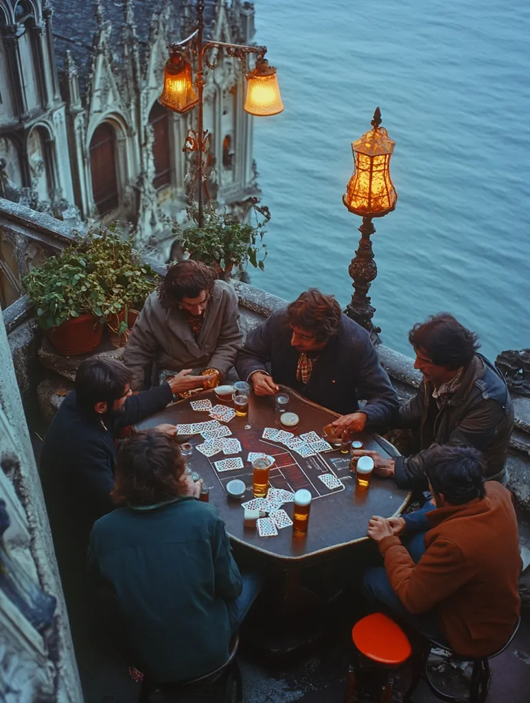 Here's a description of the image:

High-angle view of a group of seven people sitting around a dark wooden table playing cards outdoors. The setting is a rooftop or balcony overlooking a body of water, with an old stone building visible in the background. Two ornate lamps stand on the terrace, casting a warm glow. The scene is dimly lit, suggesting it's evening or twilight. The people appear to be casually dressed, and beers are visible on the table, adding to the relaxed and social atmosphere. The overall mood is one of comfortable camaraderie and evening leisure.