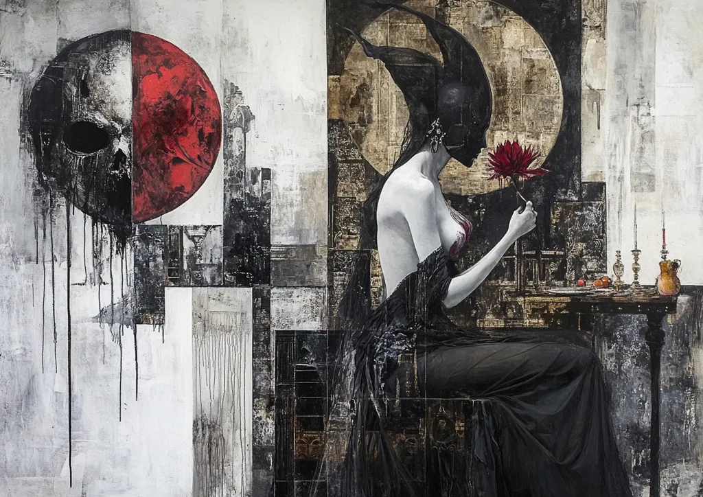 The artwork is a mixed-media piece dominated by grayscale tones with accents of deep red.  A central figure, a woman in a black, flowing gown and a dark, horned headdress, delicately holds a red flower. Her pose suggests contemplation.  To the left, a skull-like face is partially obscured by a red circle, creating a stark contrast with the woman's delicate action. The background features a collage-like texture of fragmented images and textures, adding depth and mystery to the overall composition, conveying a melancholic and slightly macabre atmosphere.