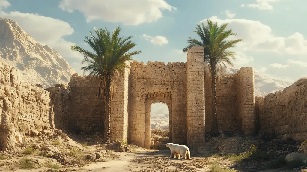 Here's a description of the image:

The image depicts a surreal scene: a lone polar bear stands before a weathered, ancient stone gateway set within the ruins of a desert fortress.  Two date palms flank the archway, which opens to reveal a sun-drenched, distant desert landscape. The fortress walls, constructed from light-brown, sun-bleached stone blocks, show signs of age and decay. The overall setting juxtaposes the arctic polar bear with a hot, arid environment, creating an intriguing and slightly unsettling visual contrast.  The sky is a pale blue with a few scattered clouds.