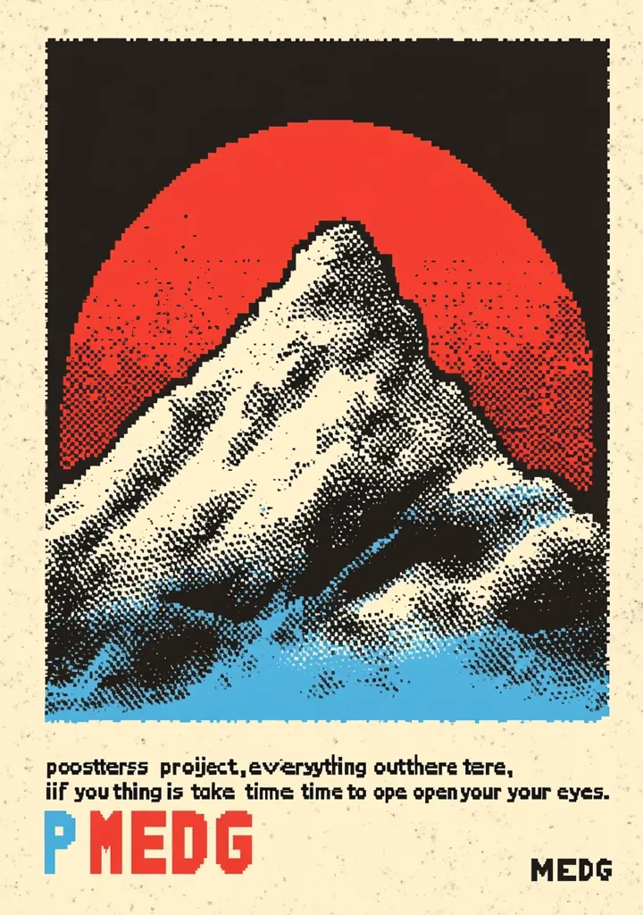 Here's a description of the image:

The image is a stylized poster featuring a pixelated mountain peak silhouetted against a large, red, pixelated sun. The mountain is rendered in off-white and black, with a hint of light blue at its base, suggesting snow and possibly water. The style is reminiscent of 8-bit graphics or vintage printmaking.  Below the image, text reads "poostterss project, everything out there there, if you thing is take time time to ope open your eyes."  "PMEDG" is prominently displayed in a bold font, and "MEDG" appears smaller at the bottom right. The overall aesthetic is bold, graphic, and slightly retro.