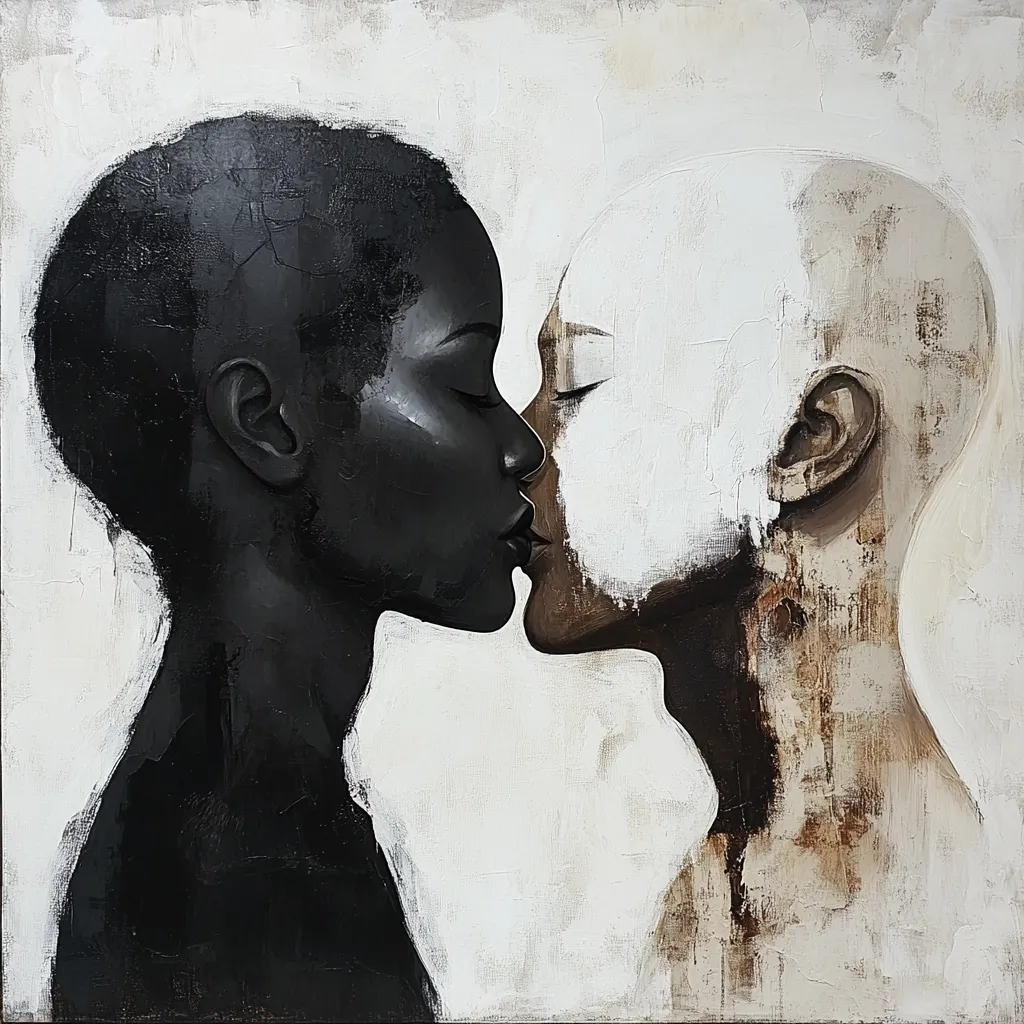 The painting depicts two bald figures, one black and one a blend of white and brown, locked in a tender kiss. Their faces are rendered in a stark, almost sculptural style, contrasted against a muted off-white background. The texture of the paint is visible, adding a sense of depth and rawness to the artwork.  The piece evokes themes of unity, connection, and the beauty of difference. The color palette is limited, emphasizing the emotional intensity of the moment.