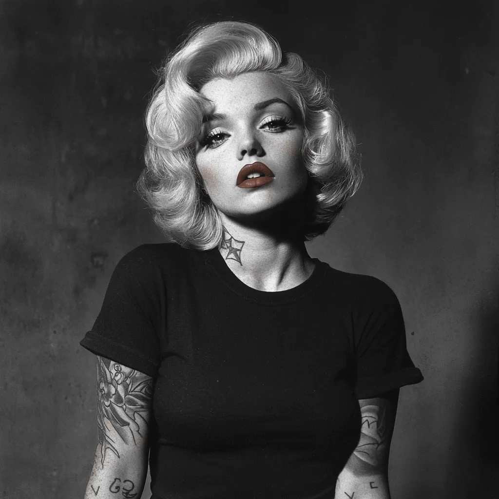 Here's a description of the image:

The black and white photograph showcases a young woman with platinum blonde hair styled in a classic Marilyn Monroe-esque bob.  Her makeup features bold red lips and defined eyes. She's wearing a simple black t-shirt and has noticeable tattoos on her arms, a contrast to her otherwise vintage Hollywood inspired look. The background is a dark, textured backdrop that emphasizes the subject. The overall mood is a blend of classic glamour and modern rebelliousness.