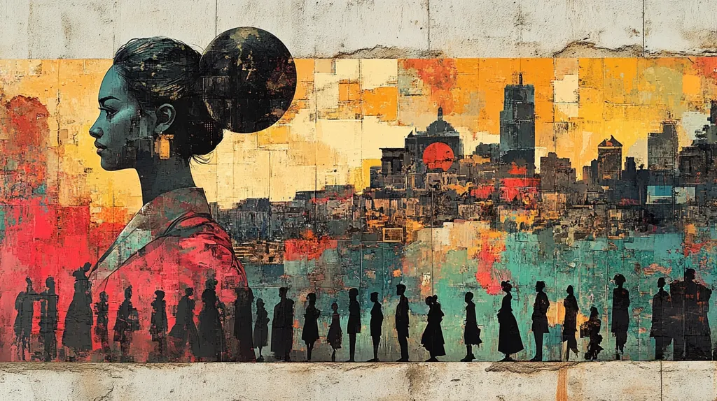 A vibrant mural depicts a stylized woman in profile, her dark hair in a high bun, wearing a crimson robe. She dominates the left side, juxtaposed against a colorful cityscape at sunset.  The city skyline is rendered in a bold, fragmented style with warm and cool tones.  At the bottom, a row of silhouetted figures stands, creating a sense of community and scale against the larger woman and city backdrop.  The overall effect is one of powerful contrasts and layered meanings.