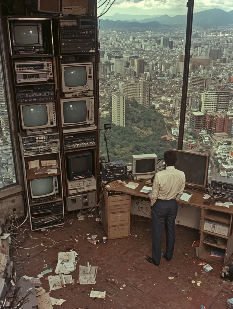 A cluttered control room overlooks a sprawling city.  A man in a light shirt and dark trousers stands at a desk, his back to the camera.  The room is filled with vintage television sets, VCRs, and other electronic equipment stacked haphazardly.  Newspapers and debris litter the floor. Large windows offer a panoramic view of the urban landscape stretching to distant mountains.  The scene evokes a sense of a bygone era of broadcasting technology.