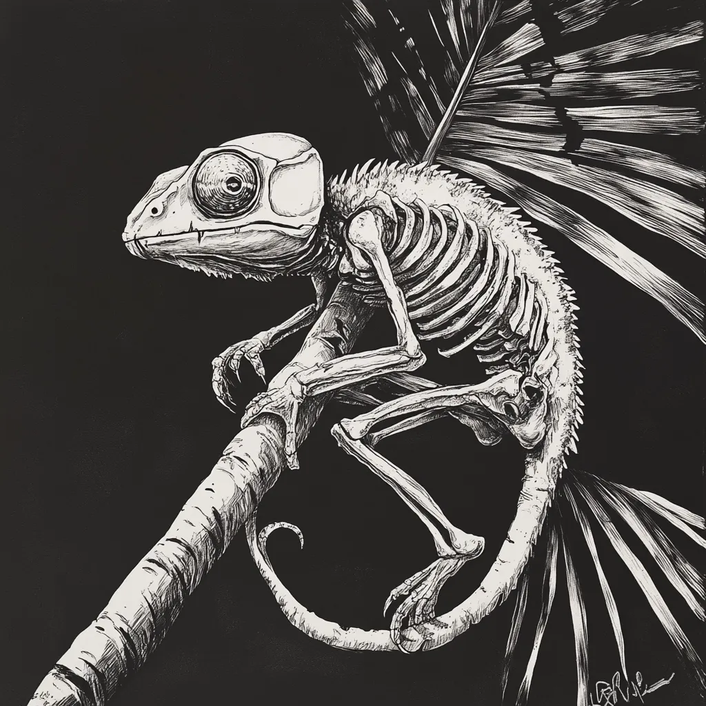 Here's a description of the image:

The artwork is a striking black and white pen-and-ink drawing of a chameleon skeleton.  Detailed and meticulously rendered, the skeleton is perched on a branch, its delicate bones clearly visible against the stark black background. The chameleon's head retains some semblance of its original form, adding a surreal contrast to the skeletal body. A stylized palm frond, etched with fine lines, extends behind the creature, completing the piece's dark, almost gothic aesthetic. The artist's signature is subtly placed in the lower right corner.