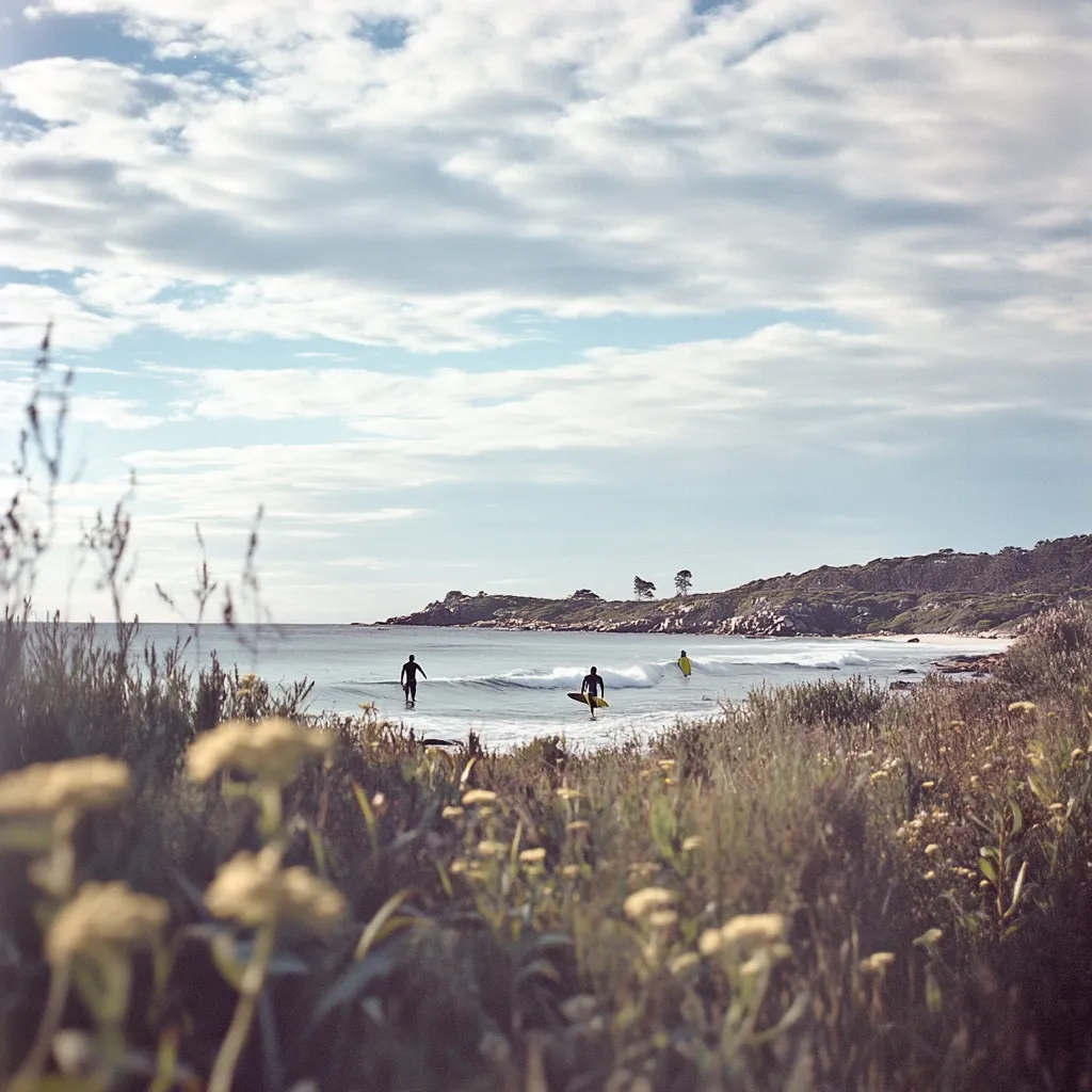 Here's a description of the image:

Three surfers, silhouetted against a calm ocean, walk toward the shore, carrying their surfboards.  The scene is peaceful and serene, with a soft, overcast sky and low-lying vegetation in the foreground.  A gently curving coastline, dotted with sparse trees and shrubs, forms the backdrop. The overall tone is tranquil, capturing a moment of quiet solitude on a beach. The photo's focus is slightly soft, drawing attention to the foreground's wildflowers and grasses, which partially obscure the surfers in the distance.