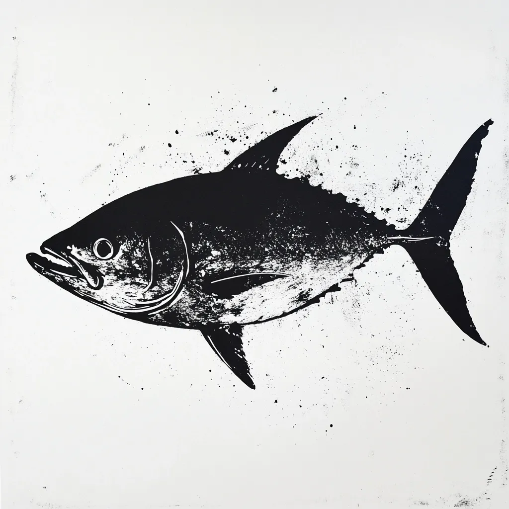 Here's a description of the image:

The artwork depicts a stylized black and white image of a tuna. The fish is rendered in a bold, graphic style with a textured, almost scratchy, black ink overlay suggesting movement and water. The background is off-white, speckled with small black dots that add to the overall sense of dynamism. The tuna is presented in profile view, its form powerful and streamlined. The contrast between the black fish and the light background makes the image striking and memorable. The style suggests a printmaking technique, perhaps a woodcut or linocut.
