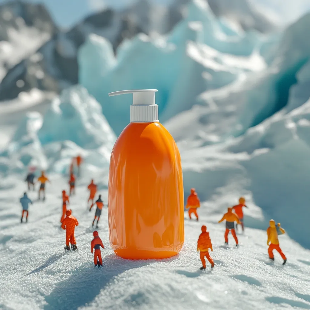 A large orange bottle of sunscreen stands prominently in the foreground of a snowy, icy landscape.  Miniature figures of climbers are scattered across the snow, appearing to trek towards the bottle. The background is a blurred expanse of glacier ice, creating a stark contrast between the scale of the sunscreen and the miniature human figures. The scene suggests the importance of sun protection during outdoor activities in extreme environments.