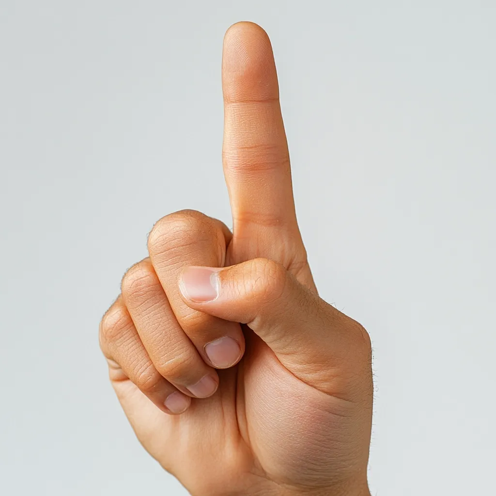 Close-up view of a light-skinned hand gesturing with its index finger pointing upwards. The other fingers are slightly curled inward. The hand is positioned against a plain, light gray background, providing a clean and simple visual. The image focuses on the detail of the hand and finger, highlighting the texture of the skin.  The overall impression is one of clarity and directness, typical of a pointing gesture.