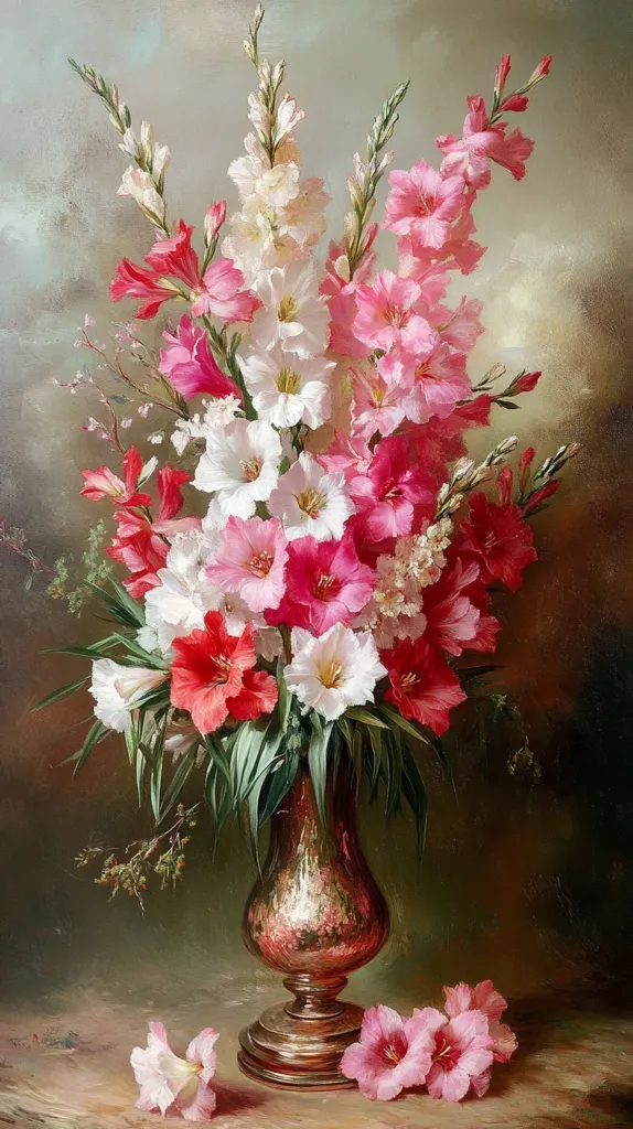 A still life painting showcases a lavish bouquet of gladioli in varying shades of pink and white.  The flowers, meticulously detailed, are arranged in a tarnished, metallic gold vase with a bulbous body and a pedestal base.  The background is a soft, muted palette, allowing the vibrant gladioli to take center stage.  A few fallen blossoms rest on the table, adding a touch of realism to the composition. The overall style is classical and painterly, with a focus on light and shadow to create depth.