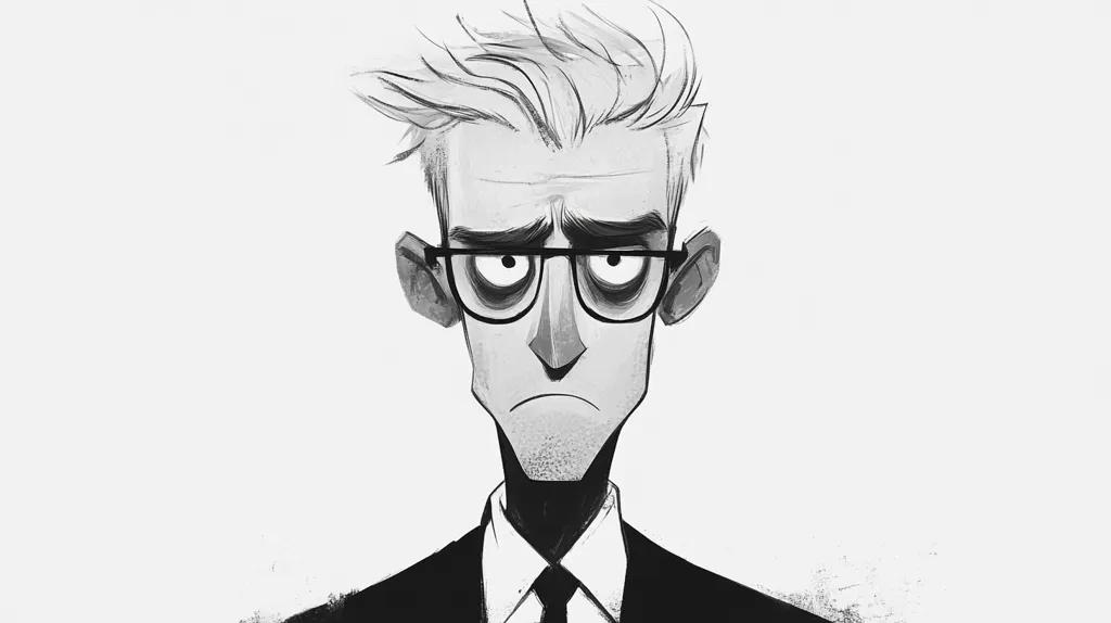 Here's a description of the image:

The illustration is a stylized black-and-white portrait of a man. He appears to be middle-aged, with short, slightly messy, light-colored hair. His expression is serious, almost melancholic, with downturned eyes and a neutral mouth. He wears round glasses, and his attire is formal, suggesting a suit and tie.  The artistic style is expressive and slightly cartoonish, with exaggerated features and visible brushstrokes, giving it a textured, painterly feel. The background is simple and plain, drawing all attention to the subject.