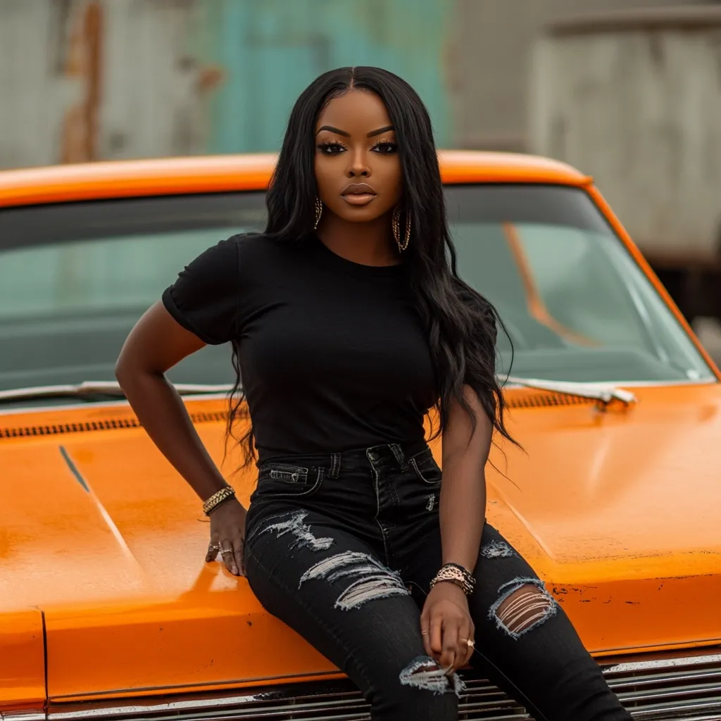 Here is a description of the image in 100 words:

A young Black woman with long, dark hair sits on the hood of a vibrant orange classic car. She's wearing a simple black t-shirt and distressed black jeans, accessorized with gold hoop earrings and bracelets.  Her makeup is subtly dramatic, highlighting her features.  The woman’s pose is confident and relaxed, her gaze directed slightly away from the camera. The background is blurred, drawing focus to the woman and the car. The overall image is stylish and evokes a sense of retro coolness. The contrast between the woman's dark clothing and the bright car is striking.