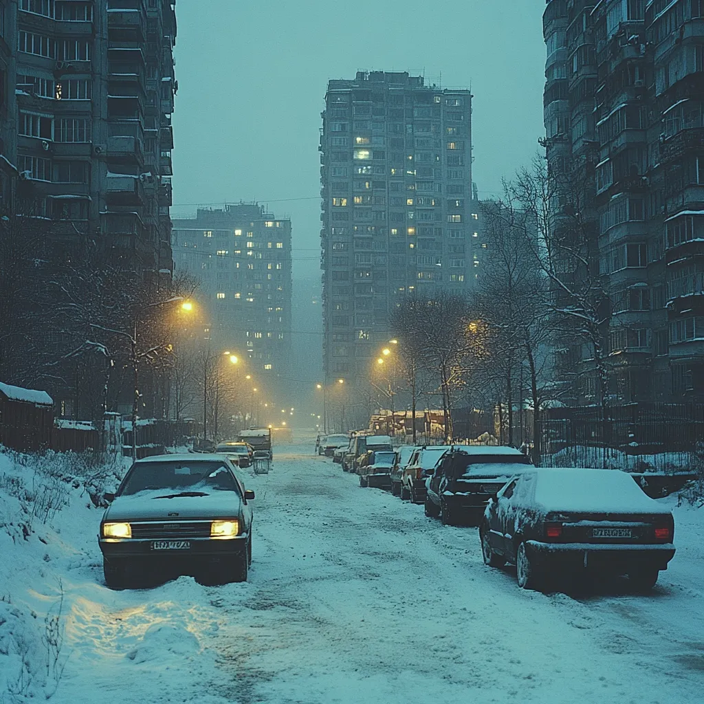 Here's a description of the image:

A snow-covered street scene at twilight is captured, featuring tall, Soviet-era apartment buildings lining both sides.  Streetlights cast a warm, soft glow on the falling snow, illuminating several cars parked along the road.  The atmosphere is quiet and serene, with a bluish-grey tint to the overall color palette.  The image evokes a sense of cold, quiet solitude in a city under a wintry sky.  The evenly spaced buildings create a sense of order and uniformity, characteristic of planned urban development.