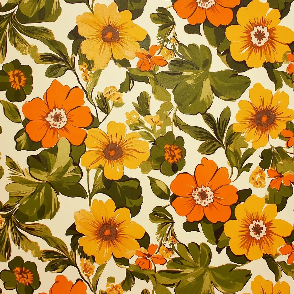 This image shows a vintage floral pattern, reminiscent of 1970s wallpaper or fabric. The design features a repeating motif of large, stylized flowers in shades of burnt orange and golden yellow, interspersed with smaller, darker orange and green blossoms. The leaves are a muted olive green, providing a contrast to the bright flowers. The background is a creamy off-white, allowing the floral pattern to stand out. The overall style is bold and cheerful, typical of retro floral designs.