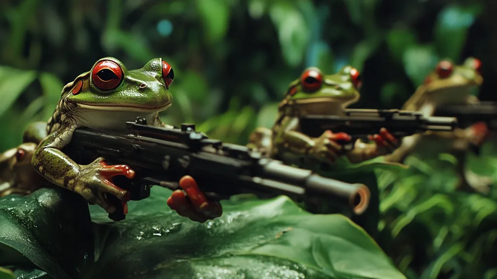 Here's a description of the image:

The image shows three red-eyed tree frogs in a lush, green jungle setting.  The frogs are anthropomorphized, each holding a submachine gun. The foreground frog is sharply in focus, its bright red eyes and green skin clearly visible.  The other two frogs are slightly out of focus, creating a depth-of-field effect. The frogs appear to be camouflaged within the dense foliage, positioned as if in a military stance. The overall tone is whimsical yet slightly unsettling due to the contrast between the cute frogs and the weaponry.
