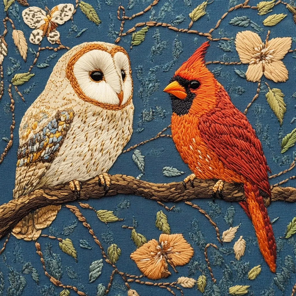 Here's a description of the image:

A meticulously embroidered artwork depicts a barn owl and a northern cardinal perched on a branch. The owl, in creams and muted blues, sits to the left, while the cardinal, a vibrant red, is positioned to the right.  Both birds are realistically rendered with detailed stitching. They share the branch amidst a background of embroidered foliage, including delicate flowers in shades of peach and white, and small, intricately stitched leaves on slender branches. The background fabric is a deep teal blue. The overall style is naturalistic and exquisite in its attention to detail.