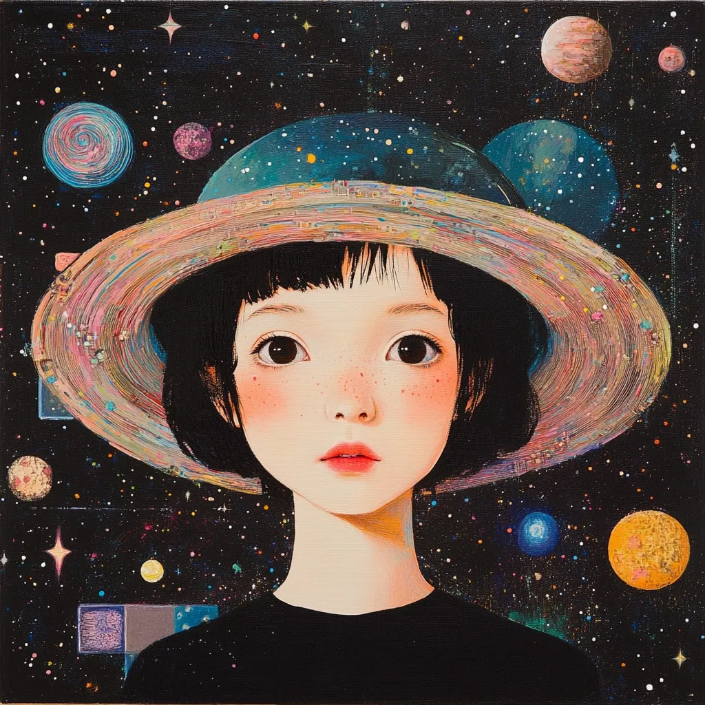 A young girl with dark bobbed hair and freckled skin is the focal point of a vibrant painting. She wears a large, wide-brimmed hat resembling a planetary ring system, adorned with swirling colors and textures.  The background is a deep space scene, filled with stars, planets of various sizes and colors, and nebulous swirls. The overall style is whimsical and dreamlike, blending elements of portraiture with cosmic imagery.  The girl's expression is serene and slightly pensive.
