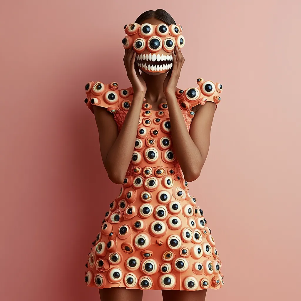 A dark-skinned model poses against a pale pink background, wearing a striking coral dress adorned with numerous appliquéd eyes.  The dress, which includes a matching eye and teeth mask covering the model's face, creates a surreal and slightly unsettling effect. The model's hands gently touch her face, drawing attention to the unique and eye-catching design. The overall image is stylish and artistic, blending fashion with a whimsical, almost monstrous aesthetic.