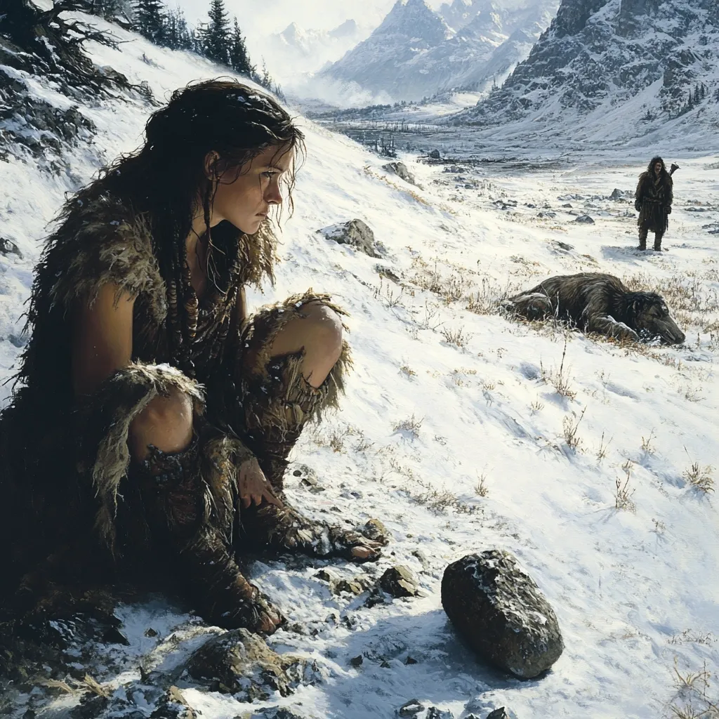 Here's a description of the image:

A painting depicts a young woman, clad in furs and primitive clothing, crouched in the snow.  She sits amidst a rocky, snowy landscape, her gaze directed away from a dead bear lying further down the slope.  In the background, a lone, similarly dressed figure stands in the distance.  The setting suggests a harsh, mountainous, prehistoric environment. The scene conveys a sense of solitude, loss, and the challenges of survival in a cold, unforgiving world. The woman's contemplative posture hints at introspection and grief.