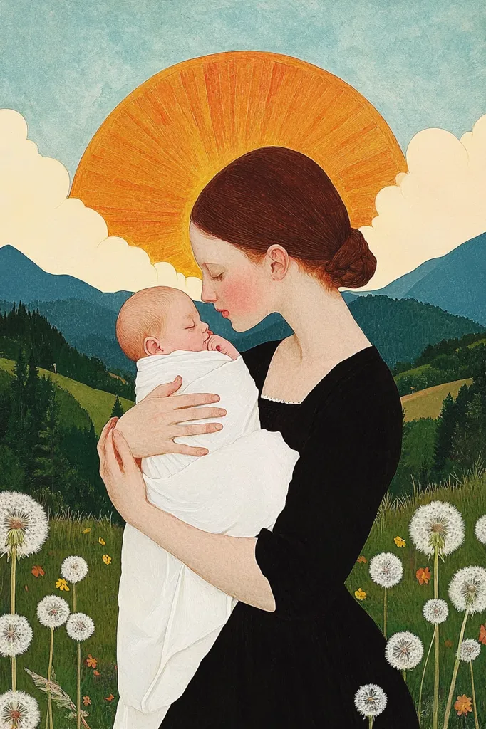 A serene illustration depicts a mother tenderly cradling her newborn infant.  The mother, dressed in a simple black dress, gazes lovingly at the sleeping baby wrapped in white.  The backdrop features a stylized sunburst, rolling green hills, and fluffy dandelion clocks, creating a peaceful, idyllic scene reminiscent of a pastoral painting. The style is reminiscent of folk art or illustration, employing soft colors and smooth lines.  The overall impression is one of gentle love and new beginnings.