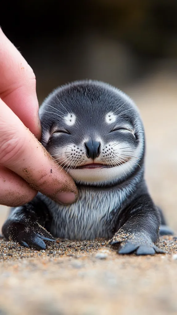 Here's a description of the image:

Close-up view of an adorable baby seal pup lying on sandy ground.  Its fur is dark gray and black, with lighter patches around its eyes. The pup's eyes are closed, and it has a serene, almost smiling expression. A human hand gently touches its cheek, adding a sense of tenderness to the scene. The background is blurred, focusing attention on the seal pup. The overall impression is one of warmth, gentleness, and the inherent cuteness of wildlife.