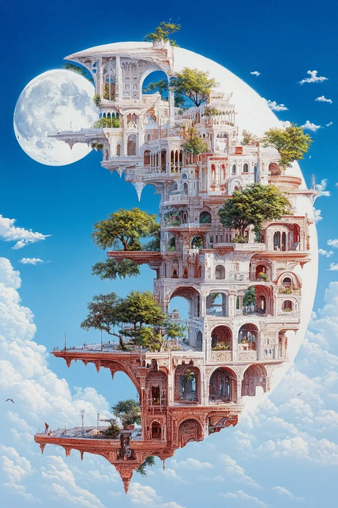 A surreal painting depicts a massive, spiraling city nestled within a crescent moon shape, suspended in the sky amidst fluffy white clouds. The architecture is intricately detailed, reminiscent of ancient Roman or Middle Eastern styles, with layers of arches, balconies, and terraces. Lush green trees sprout from various levels, contrasting with the pale stone buildings. A large, bright moon dominates the background.  The scene evokes a sense of fantasy and wonder, a floating utopia above the world.