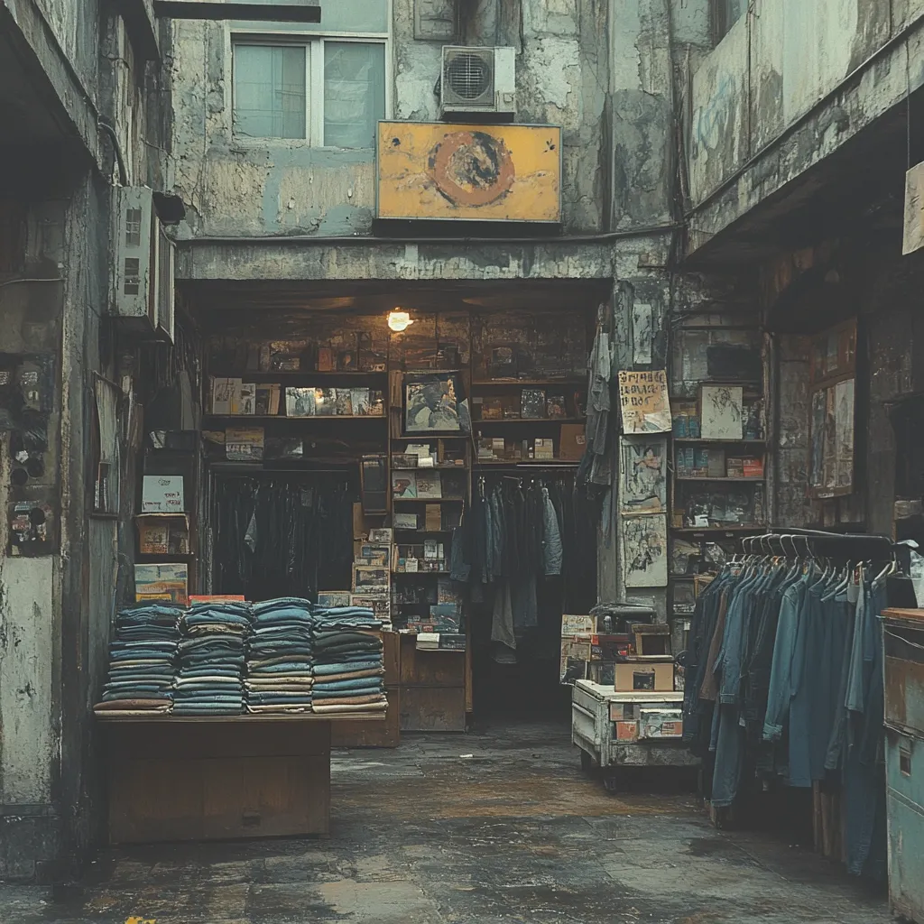 Here's a description of the image:

The photograph depicts the interior of a dimly lit, aged shop, possibly located in a narrow alleyway.  The walls are distressed concrete, adorned with posters and ephemera.  Shelves overflow with books, records, and various items.  Clothing, predominantly dark denim jackets and pants, hangs neatly on racks.  Stacks of folded denim are displayed on a low table. The overall atmosphere is one of aged charm, hinting at a vintage clothing or secondhand store with a cluttered, nostalgic ambiance.  The lighting is muted, focusing attention on the stacks of clothing and the depth of the shop's interior.