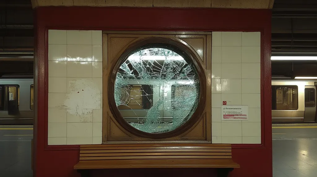 A subway station's waiting area features a large, oval window with a completely shattered pane of glass.  The wooden frame of the window remains intact, contrasting with the destruction.  The surrounding walls are tiled, showing some wear and minor damage. A simple wooden bench sits below the window.  A train is visible through the shattered glass and beyond the waiting area.  A small informational sign is affixed to the wall. The overall impression is one of neglect or vandalism within the otherwise functional, though aged, station.