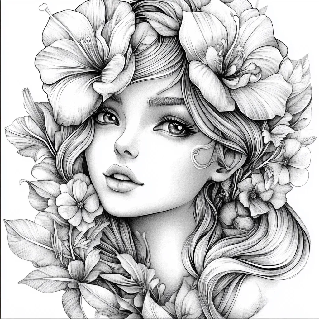 Here's a description of the image:

The image is a detailed, black and white pencil sketch of a young woman's face.  Her long, flowing hair is interwoven with intricately drawn flowers, primarily large hibiscus blossoms framing her face and smaller blooms cascading around her shoulders.  The woman's expression is serene and her features are delicately rendered, showcasing a style reminiscent of fantasy art or coloring book illustrations. The shading and linework are highly detailed, creating a sense of depth and texture in both the woman's face and the floral adornments. The overall aesthetic is elegant and ethereal.