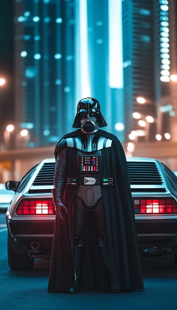 Darth Vader stands imposingly before a DeLorean time machine, set against a backdrop of a futuristic cityscape bathed in cool blue light.  The contrast between Vader's dark attire and the sleek, silver car creates a striking visual. The city lights twinkle, adding to the scene's blend of science fiction and fantasy.  Vader's presence dominates, suggesting a meeting between iconic characters of different universes.