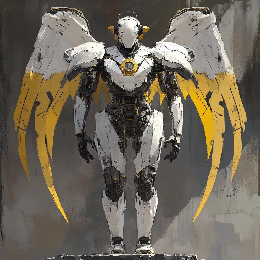 The image depicts a stylized robotic angel.  The figure is predominantly white and black, with striking gold accents on its large, feathered wings.  Its helmet is smooth and rounded, almost cherubic in design, contrasting with the mechanical body. The robot stands rigidly, suggesting power and possibly divine authority. The background is a muted grey, allowing the figure to stand out prominently. The overall style is a blend of digital painting and concept art, creating a futuristic yet spiritual aesthetic.