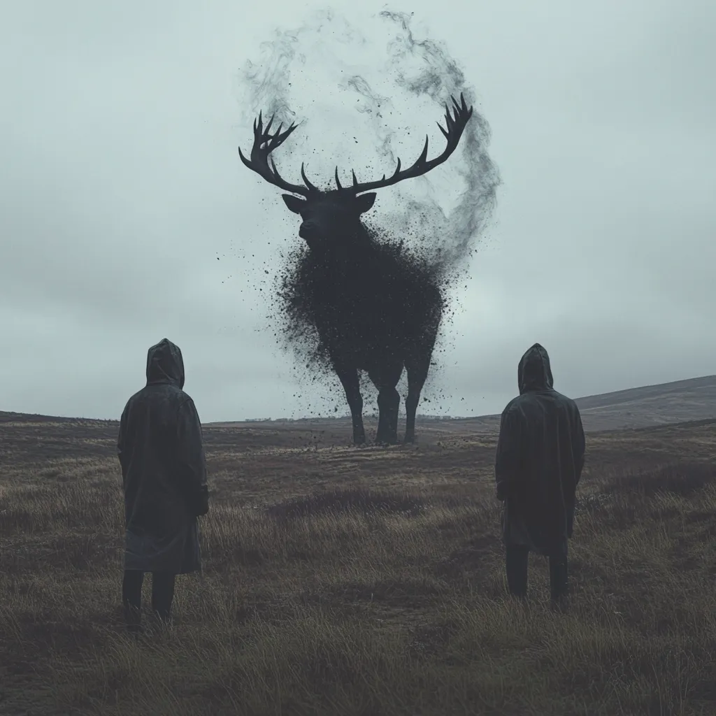 Here's a description of the image:

The image presents a surreal, somewhat ominous scene. Two figures, cloaked and hooded, stand in a desolate, grassy field, gazing at a large, dark silhouette of a stag.  The stag is rendered in a style suggesting disintegration, as if it's composed of dark smoke or particles dissipating into the air. The sky is overcast and muted, mirroring the somber tone of the figures and the creature.  The overall atmosphere is one of mystery and perhaps a sense of foreboding or awe. The contrast between the solid figures and the ethereal stag creates a strong visual impact.