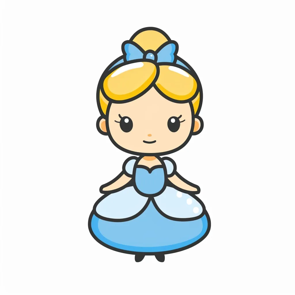 Here's a description of the image:

The image is a cartoon drawing of a young girl, styled like a chibi character.  She has large, expressive eyes, blond hair pulled up in a bun with a blue bow, and is wearing a light blue ballgown. The style is cute and simplistic, with clean lines and bold colors.  The overall impression is of a charming, innocent princess, reminiscent of Cinderella. The background is plain white, focusing attention solely on the character.