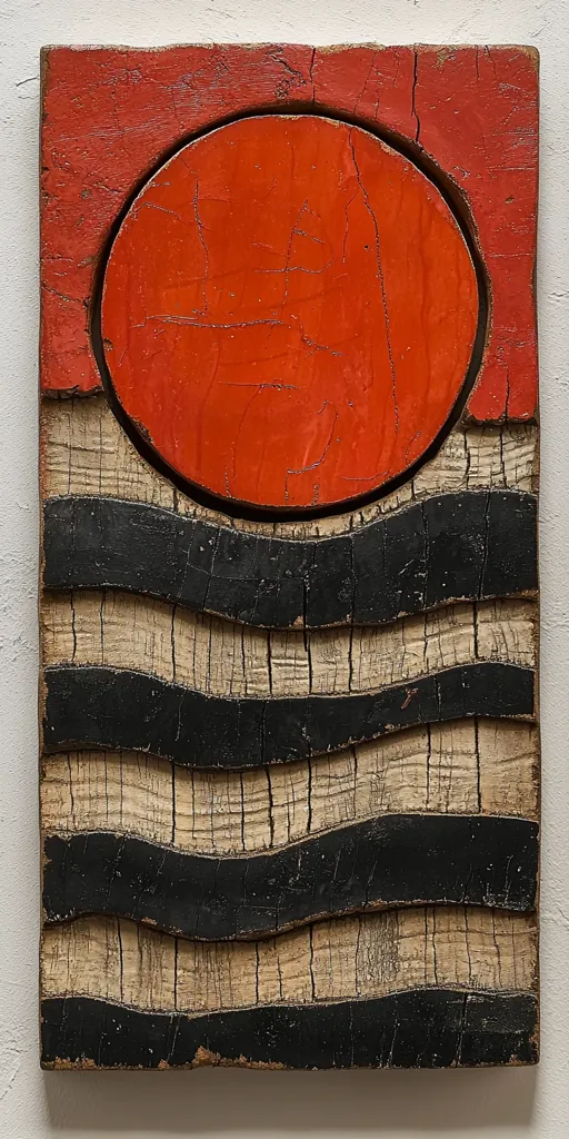 This rectangular artwork is a stylized depiction of a sunset over water.  A large, textured, circular orange sun dominates the top, set against a lighter, red-orange background. Below, undulating black waves are layered over a beige, wood-grained surface, creating a sense of depth and movement. The piece appears to be constructed from wood, with the colors and textures applied directly to the material.  The overall style is minimalist and evocative, hinting at a calm, natural scene.