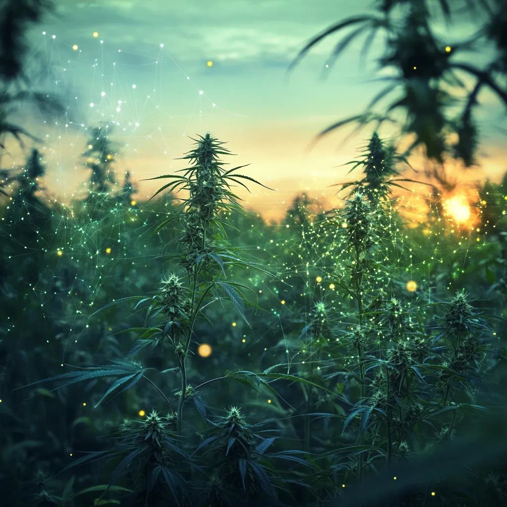 Here's a description of the image:

The image depicts a field of cannabis plants at sunset.  The plants are lush and green, with visible buds. A soft, ethereal glow emanates from the plants and the sky, suggesting a mystical or futuristic setting.  A network of glowing lines connects the plants, possibly symbolizing technology, connectivity, or data.  The overall mood is serene and otherworldly, blending natural beauty with a hint of technological advancement.  The warm sunset colors contrast beautifully with the cool tones of the plants and the ethereal network.