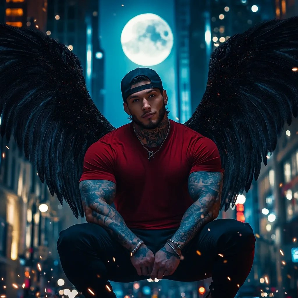 A muscular, tattooed man with a dark red t-shirt and black cap crouches in a city street at night.  Large, dark, feathered wings sprout from his back, contrasting with the bright full moon behind him. Sparks of light dance around his feet, adding to the dramatic, almost fantastical, atmosphere. His intense gaze and serious expression contribute to a powerful and mysterious image.