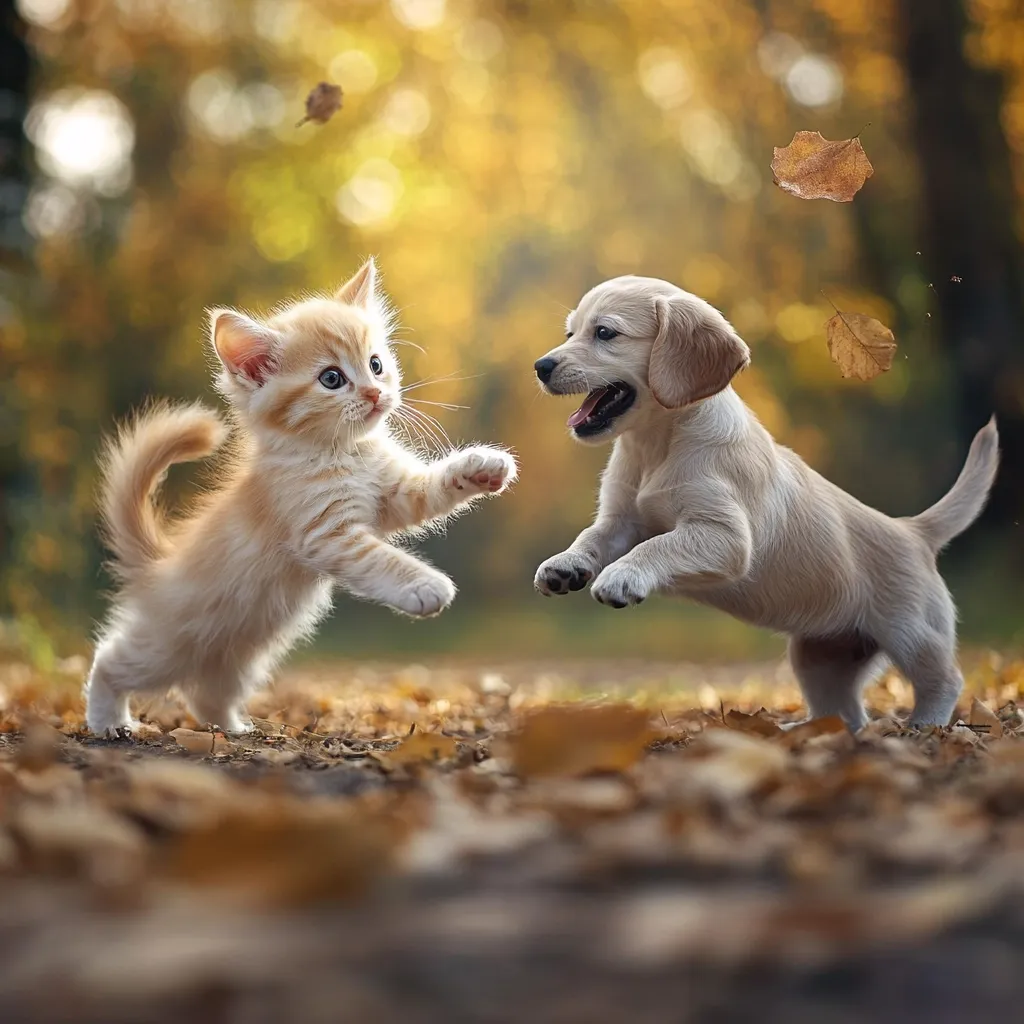 Here's a description of the image:

A playful kitten and puppy frolic amidst a carpet of autumn leaves. The light orange kitten stands on its hind legs, paws raised, seemingly engaging with a light cream-colored puppy.  The puppy leaps playfully, mouth open in a joyful expression. The background is blurred but shows a warm autumnal setting with golden-hued foliage, creating a charming and idyllic scene. Falling leaves add to the whimsical, autumnal atmosphere.  The overall feeling is one of joy and youthful energy.