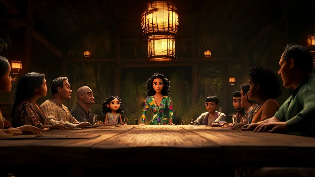 A dimly lit scene shows a large family gathered around a long wooden table. A woman in a vibrant floral dress stands at the head of the table, addressing the assembled family members.  The family, rendered in a stop-motion animation style, appears diverse in age and gender.  Warm lighting from hanging lanterns illuminates the scene, creating a cozy yet slightly suspenseful atmosphere. The expressions on the family members' faces are mostly serious, suggesting an important discussion is taking place.